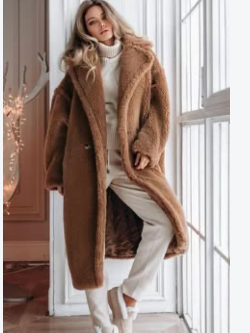 NWOT Babaton Faux Fur Camel Waistband Belt Pockets Long Coat Size L